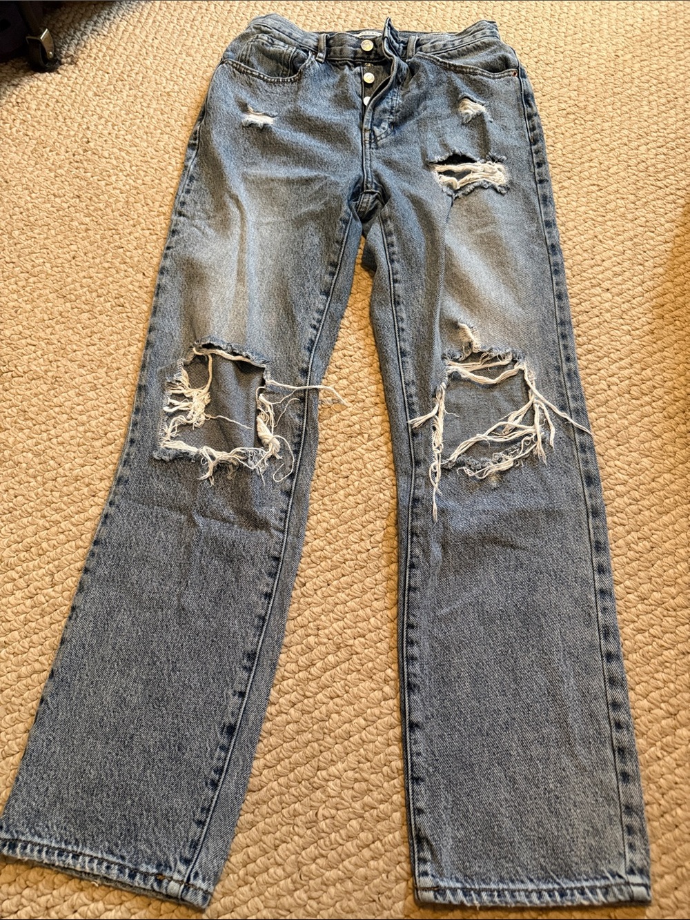 Pacific Sunwear Women's Distressed Straight Leg Jeans - Light Blue Denim